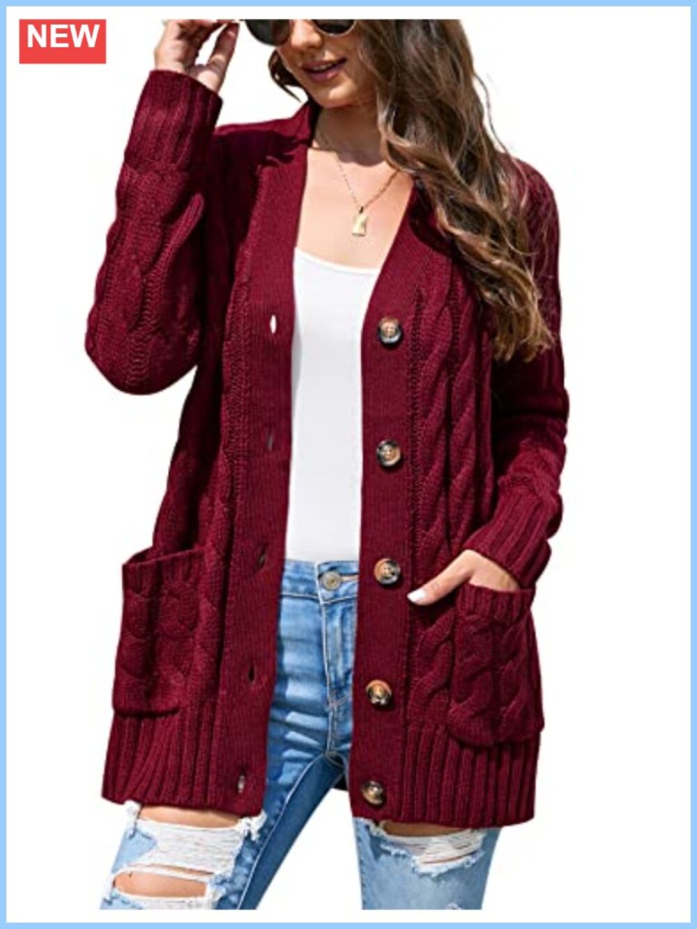 Open Front Cable Knit Cardigan Sweater Pockets Loose Long Sleeve